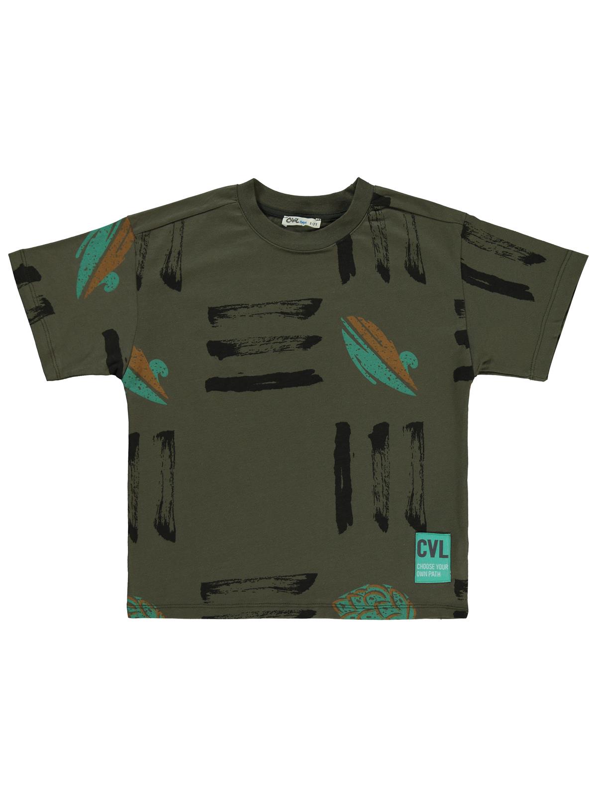 Civil Boys Üç Çizgi Emprime Cvl Etiketli 6-9 Yaş Tişört - Haki