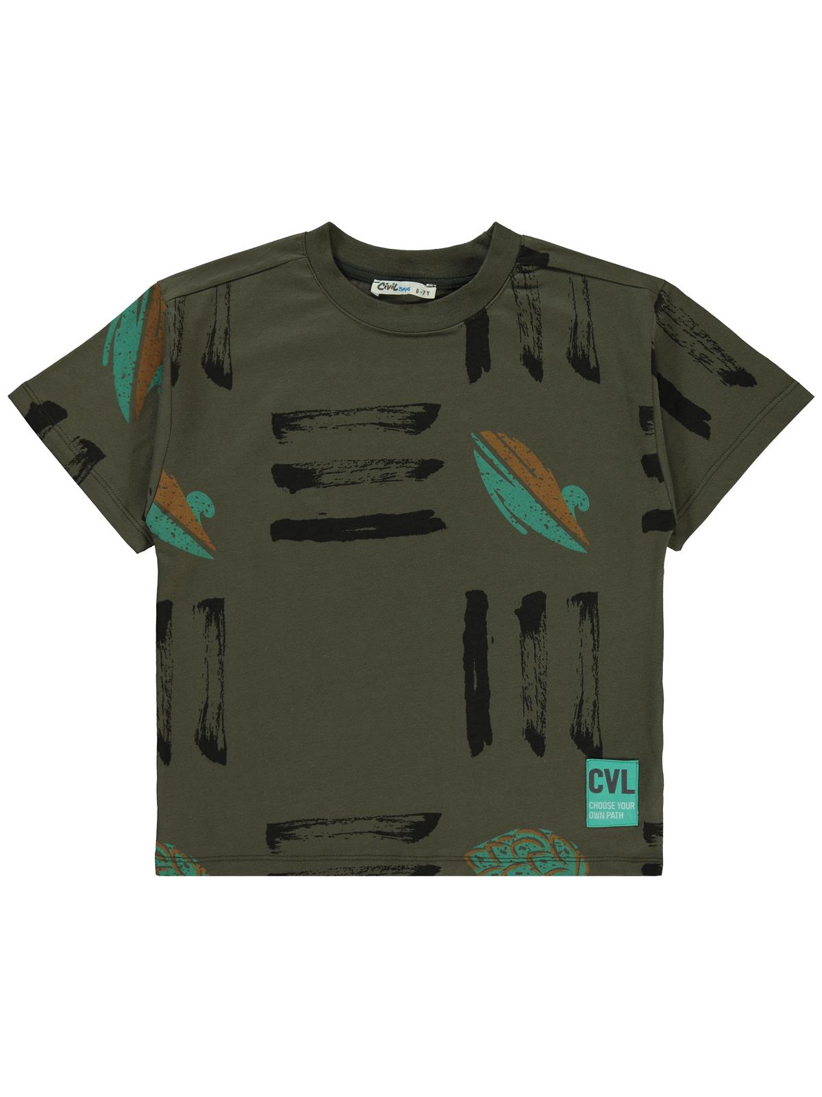 Civil Boys Üç Çizgi Emprime Cvl Etiketli 6-9 Yaş Tişört - Haki