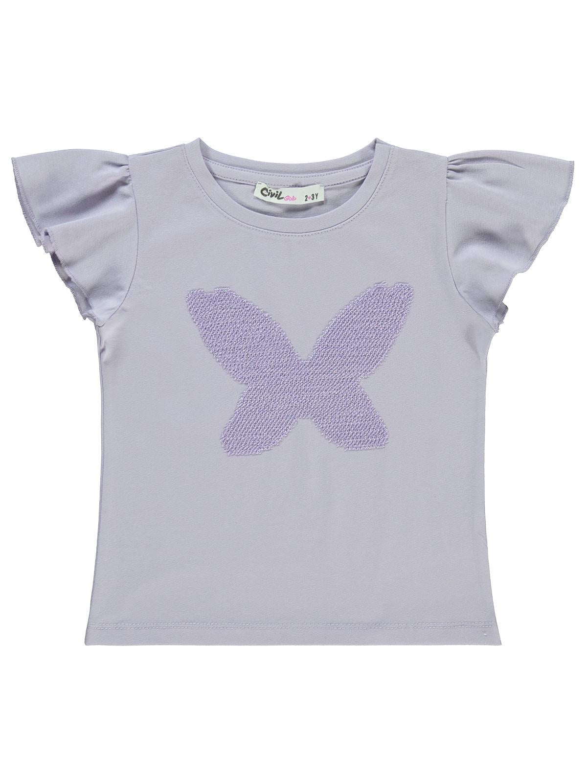 Civil Girls Kelebek Nakışlı  2-5 Yaş Tişört - Lila