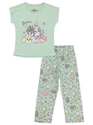 Civil Girls Kediler Baskılı 2-5 Yaş Pijama Takımı - Yeşil
