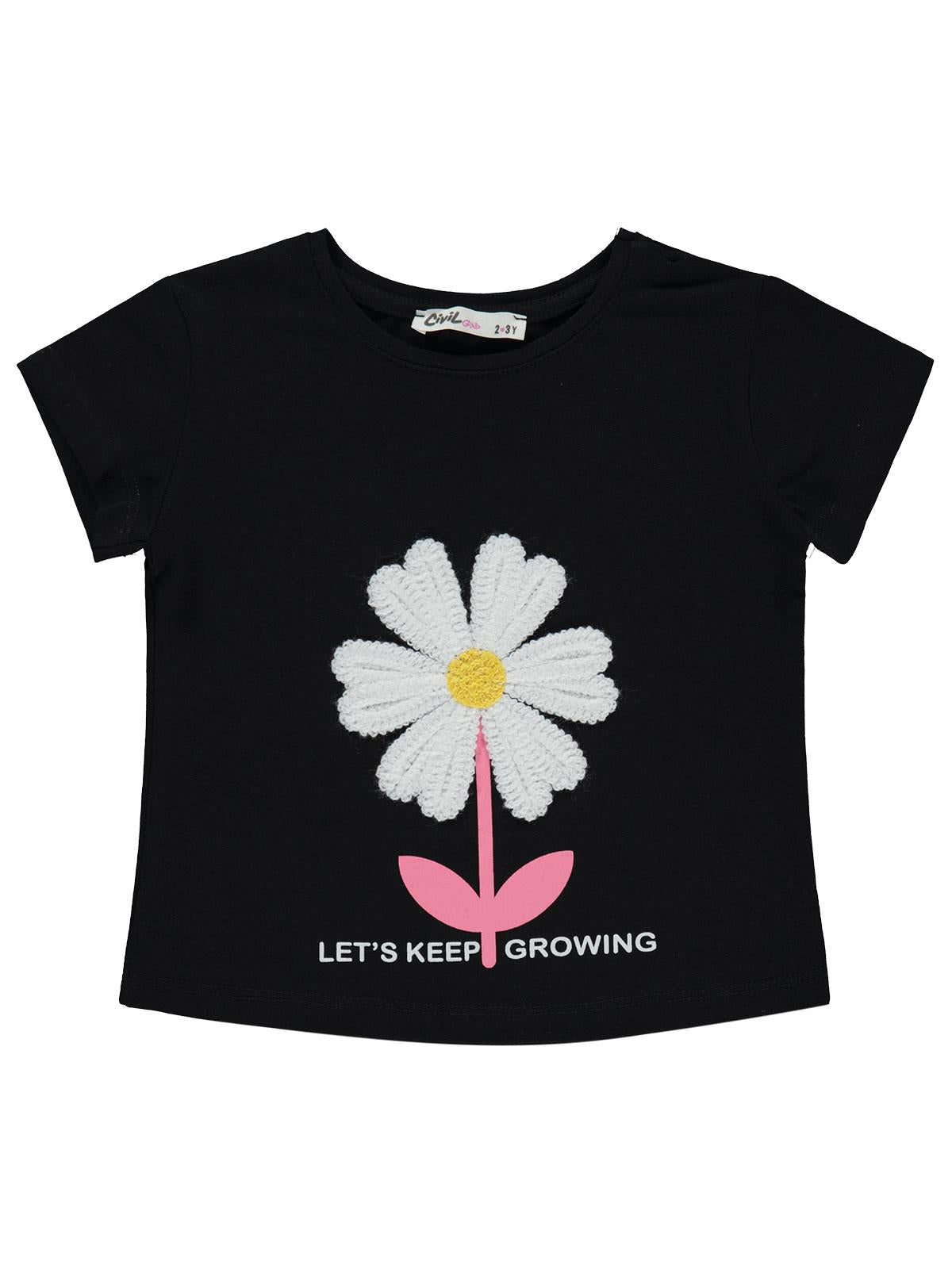 Civil Girls Mobil Çiçek Nakışlı 2-5 Yaş Tişört - Siyah