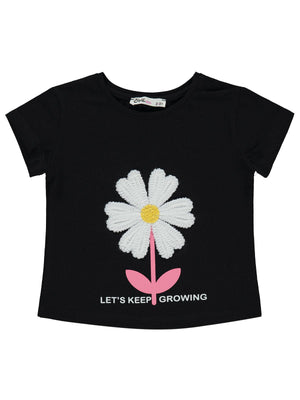 Civil Girls Mobil Çiçek Nakışlı 2-5 Yaş Tişört - Siyah