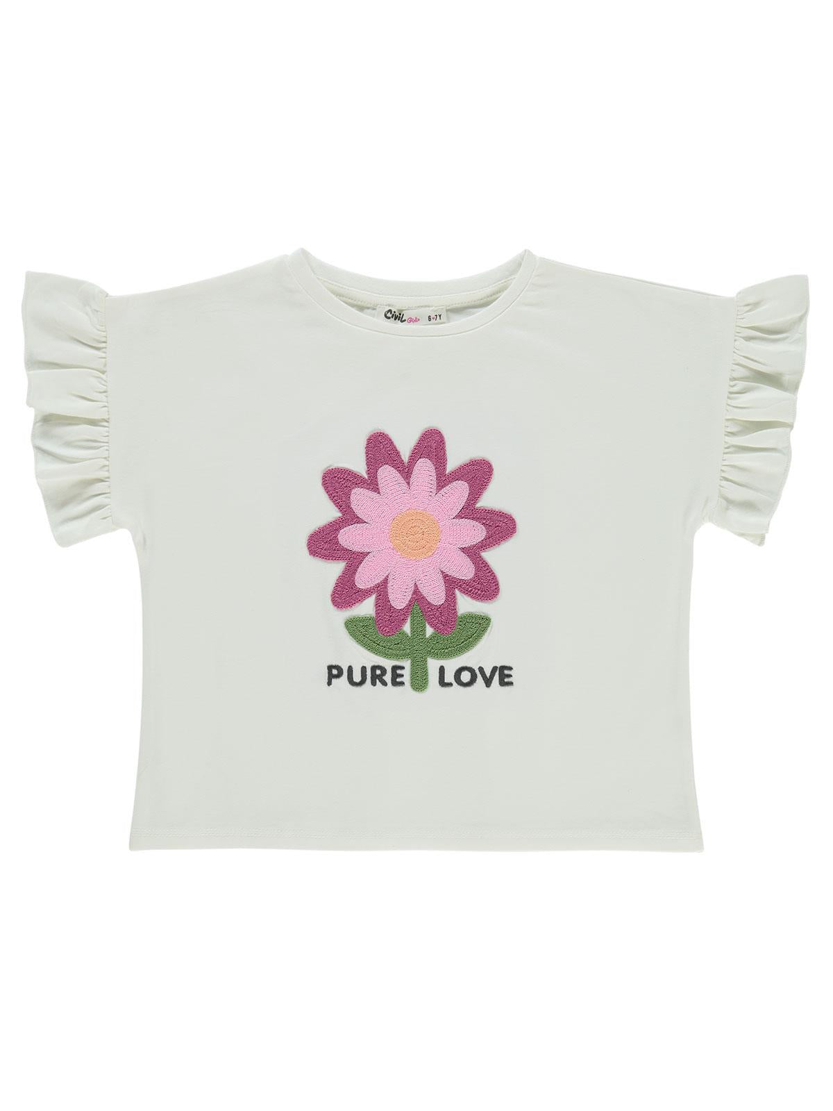 Civil Girls Çiçek Nakışlı 6-9 Yaş Tişört - Ekru