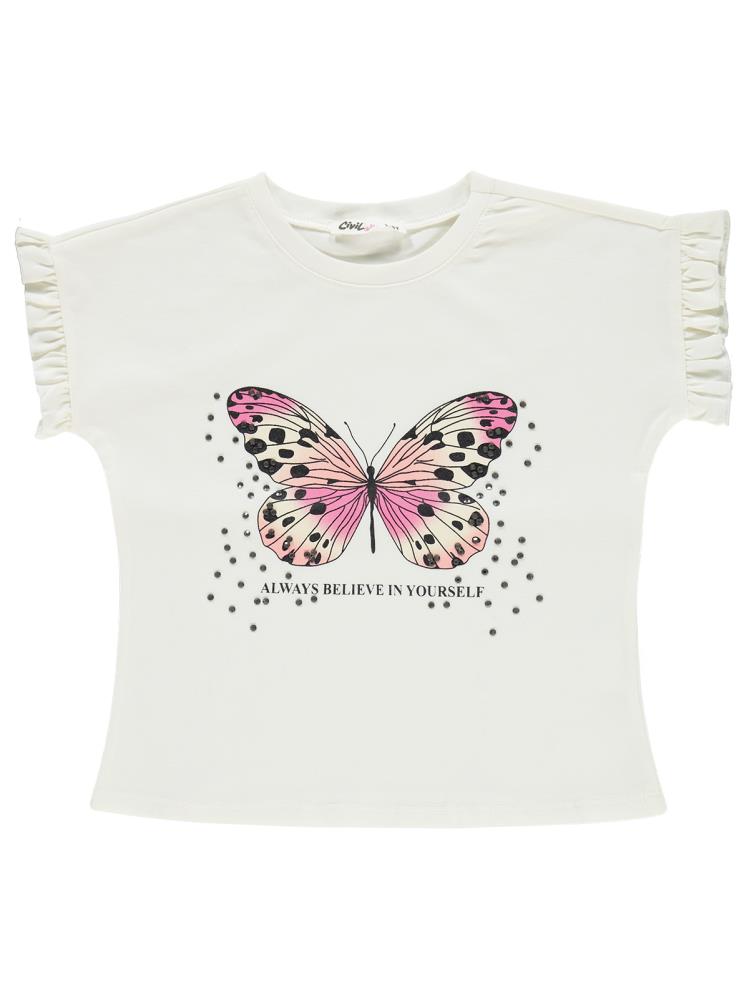 Civil Girls Kelebek Baskılı 2-5 Yaş Takım - Ekru