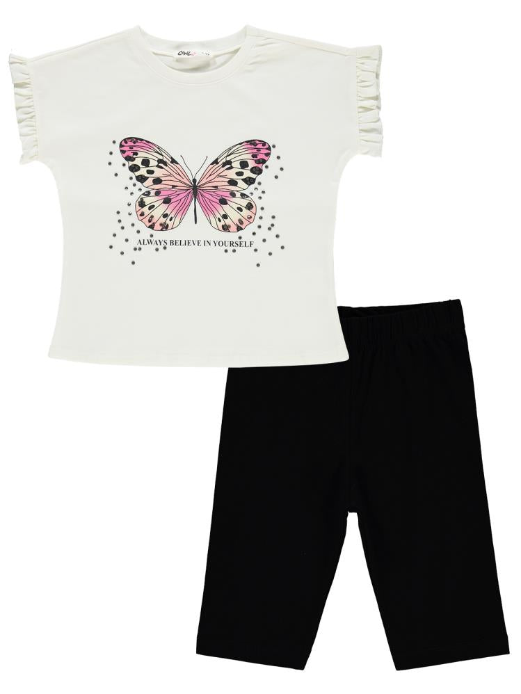 Civil Girls Kelebek Baskılı 2-5 Yaş Takım - Ekru