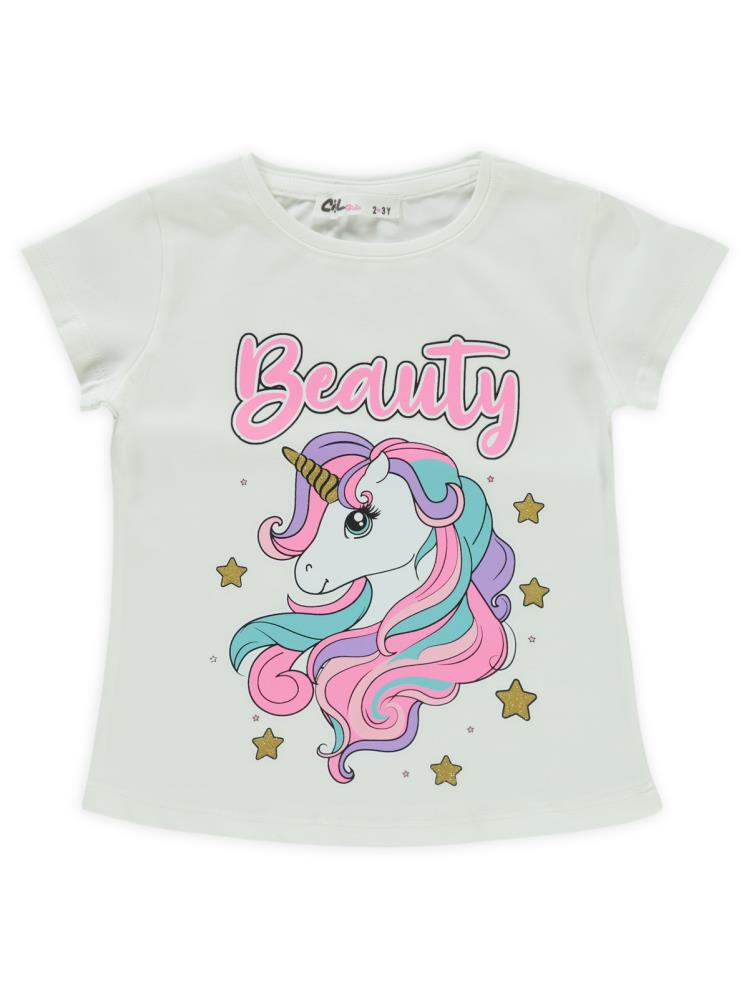 Civil Girls Unicorn Baskılı 2-5 Yaş Tişört - Ekru