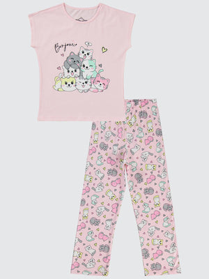 Civil Girls Kediler Baskılı 6-9 Yaş Pijama Takımı - Pembe