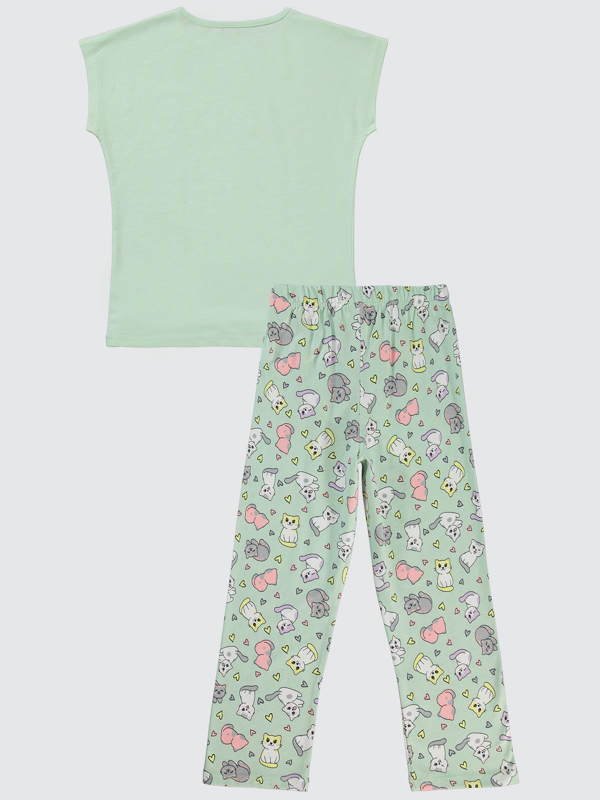 Civil Girls Kediler Baskılı 6-9 Yaş Pijama Takımı - Yeşil