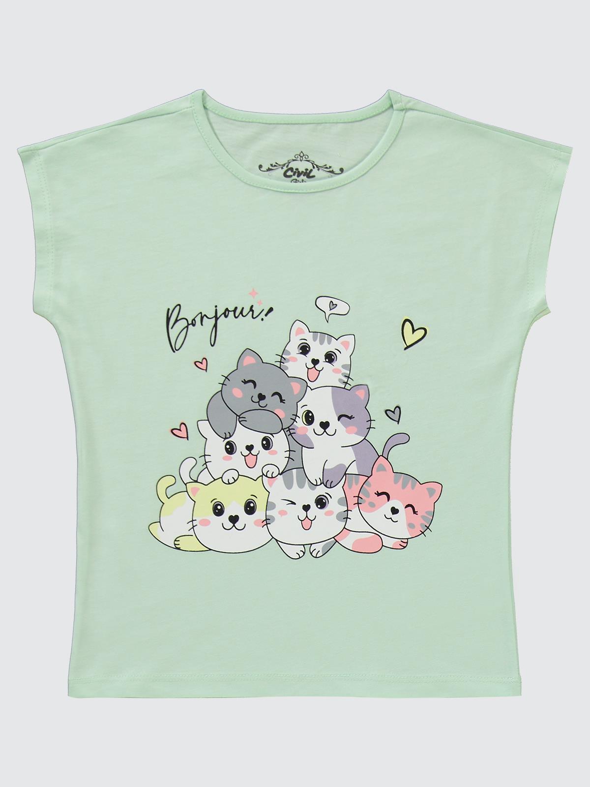 Civil Girls Kediler Baskılı 6-9 Yaş Pijama Takımı - Yeşil