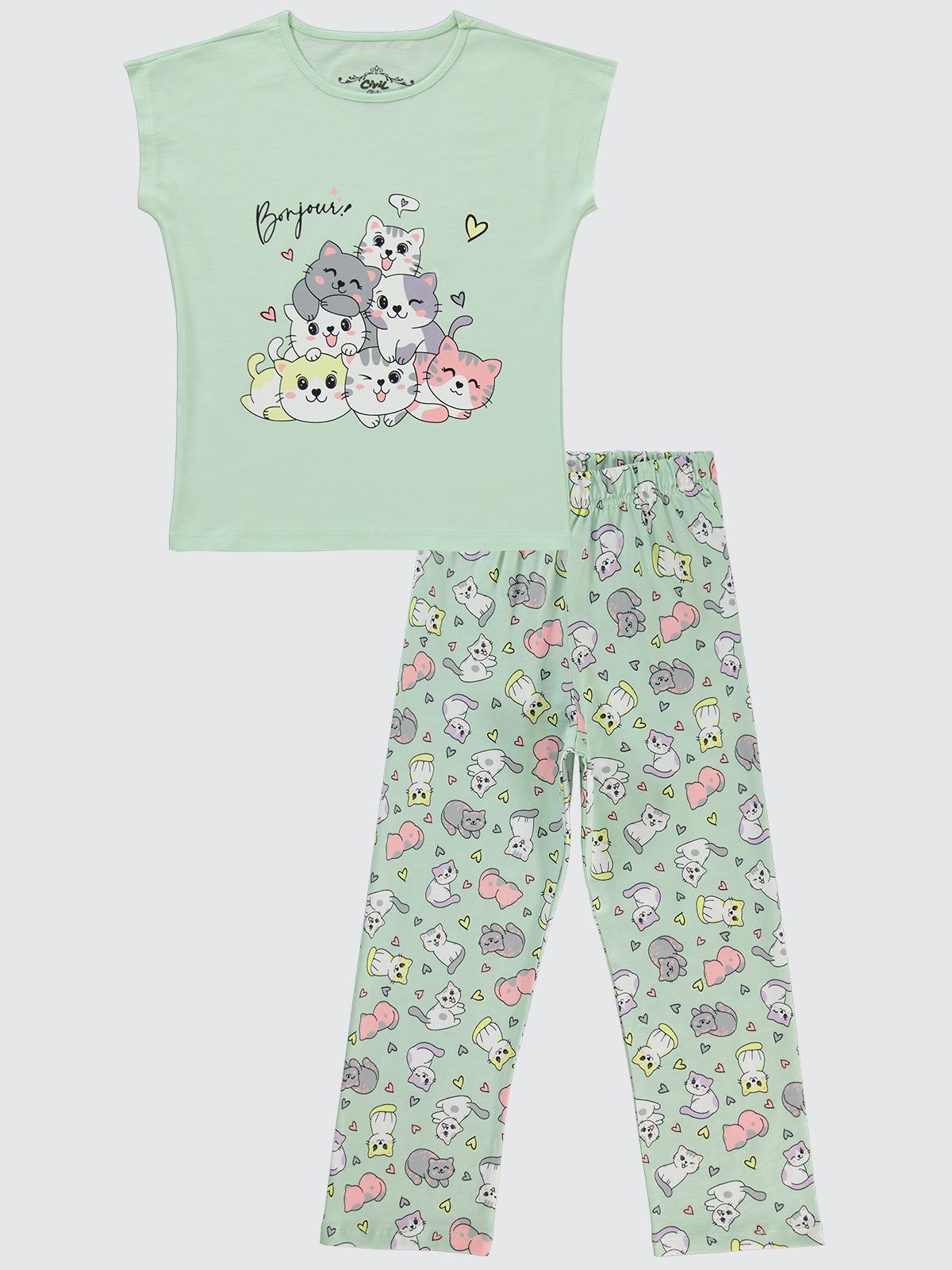 Civil Girls Kediler Baskılı 6-9 Yaş Pijama Takımı - Yeşil