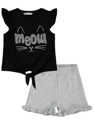 Civil Girls Meow Nakışlı 2-5 Yaş Takım - Gri