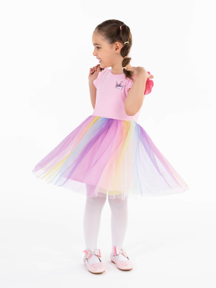 Civil Girls Renkli Tüllü Kaşkorse 4-9 Yaş Elbise - Pembe
