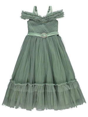 Civil Girls Yakası Fırfırlı  6-9 Yaş Abiye - Yeşil