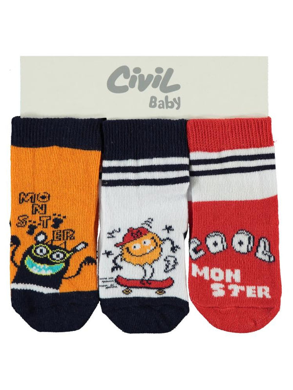 Civil Baby Monster 3'lü 6-18 Ay Bebek Erkek Çorap Set