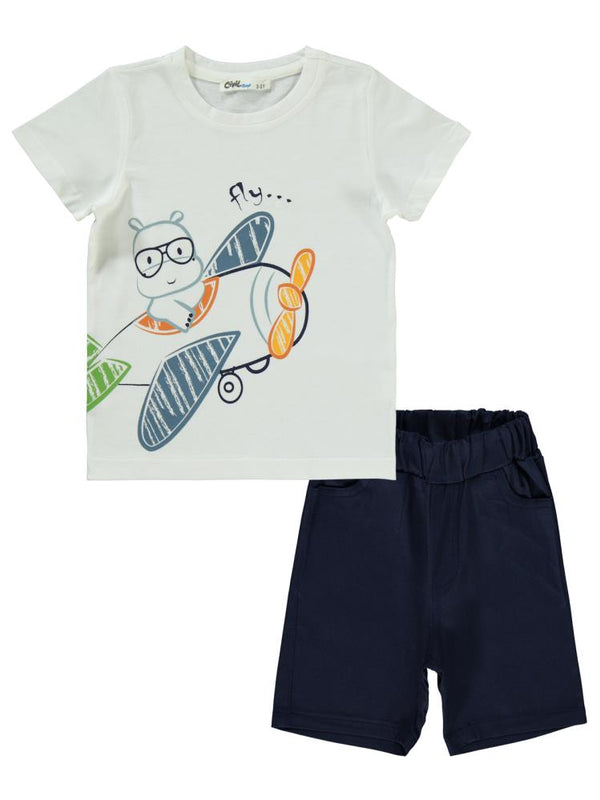 Civil Boys Uçak Baskılı 2-5 Yaş Takım - Beyaz