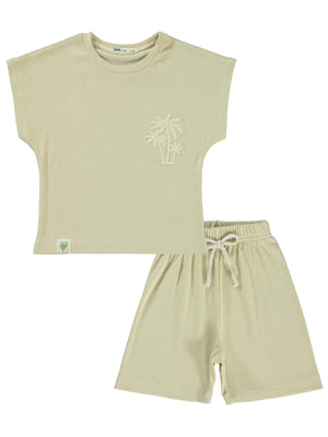 Civil Boys Yarasa Kol Palmiye Nakışlı 2-5 Yaş Takım - Bej