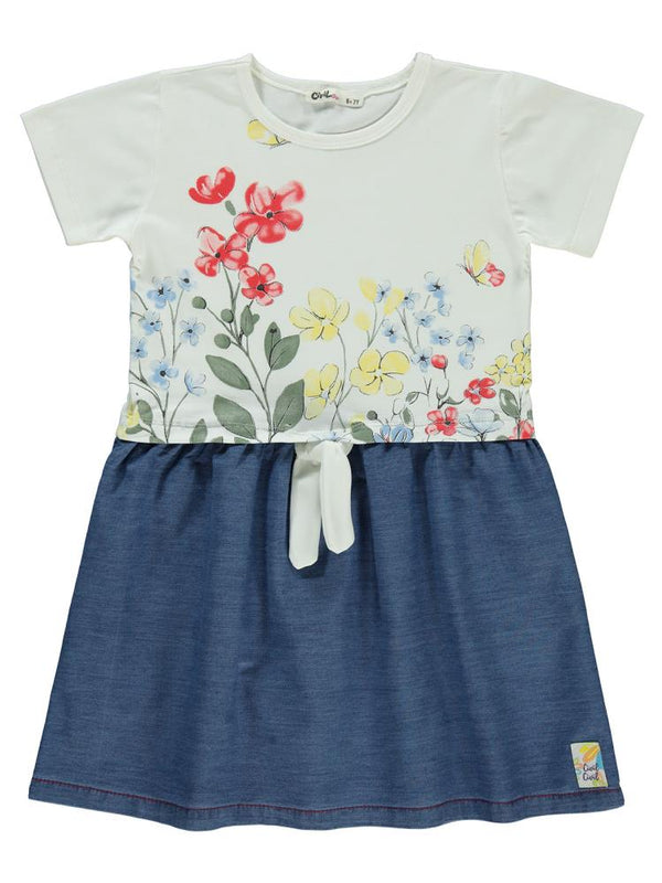Civil Girls Renkli Çiçek Baskılı 6-9 Yaş Elbise - Ekru