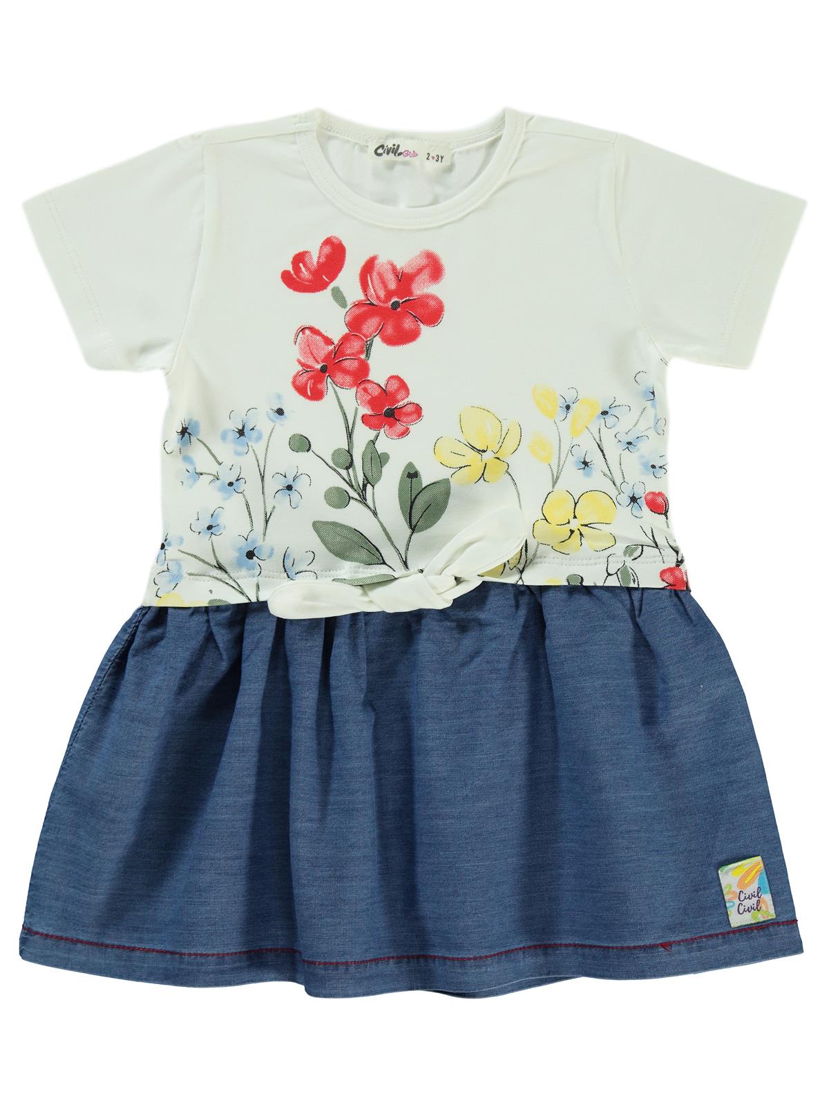 Civil Girls Renkli Çiçek Baskılı 2-5 Yaş Elbise - Ekru