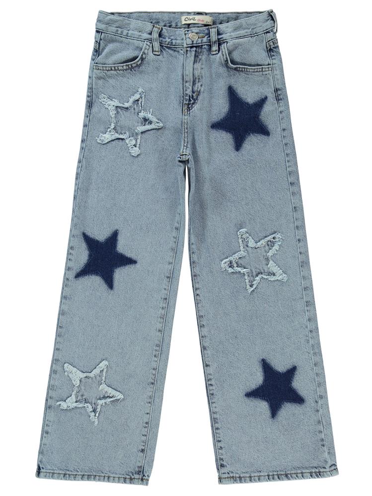 Civil Girls Yıldız Nakışlı 10-13 Yaş Pantolon - Mavi