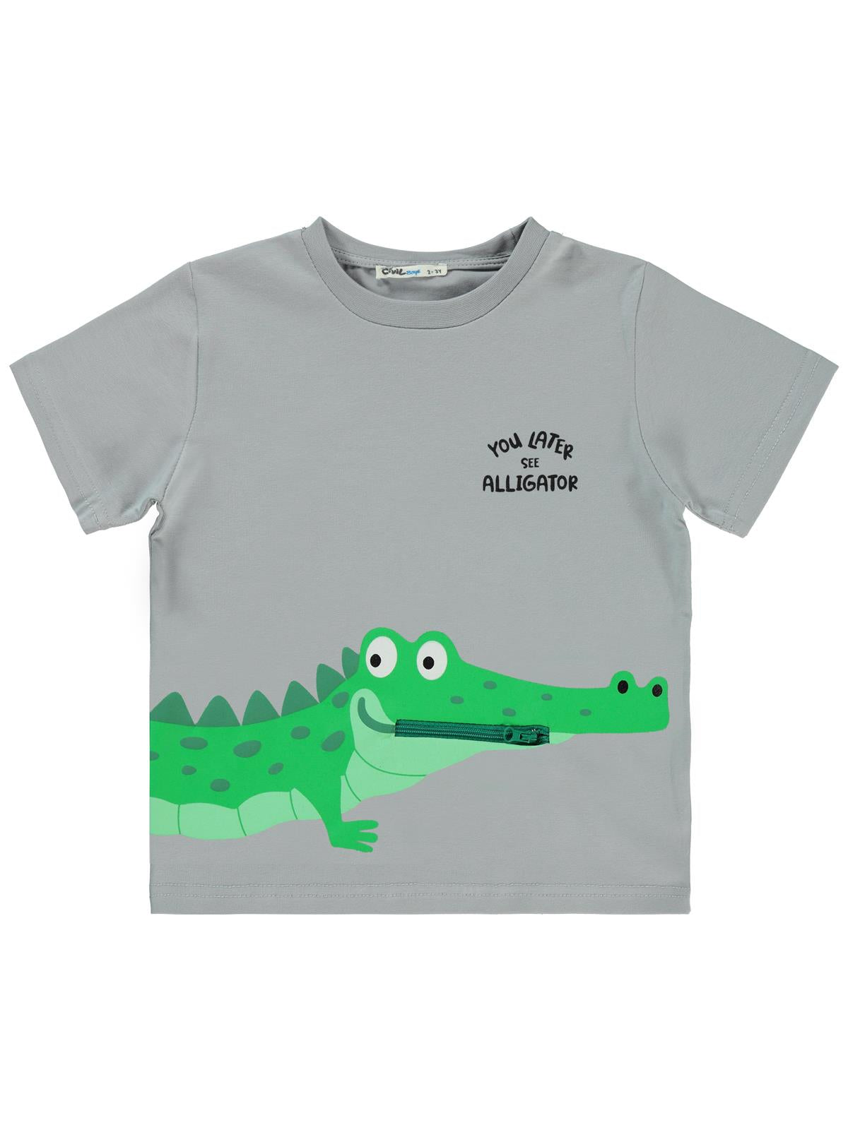 Civil Boys Timsah Baskılı 2-5 Yaş Tişört - Gri