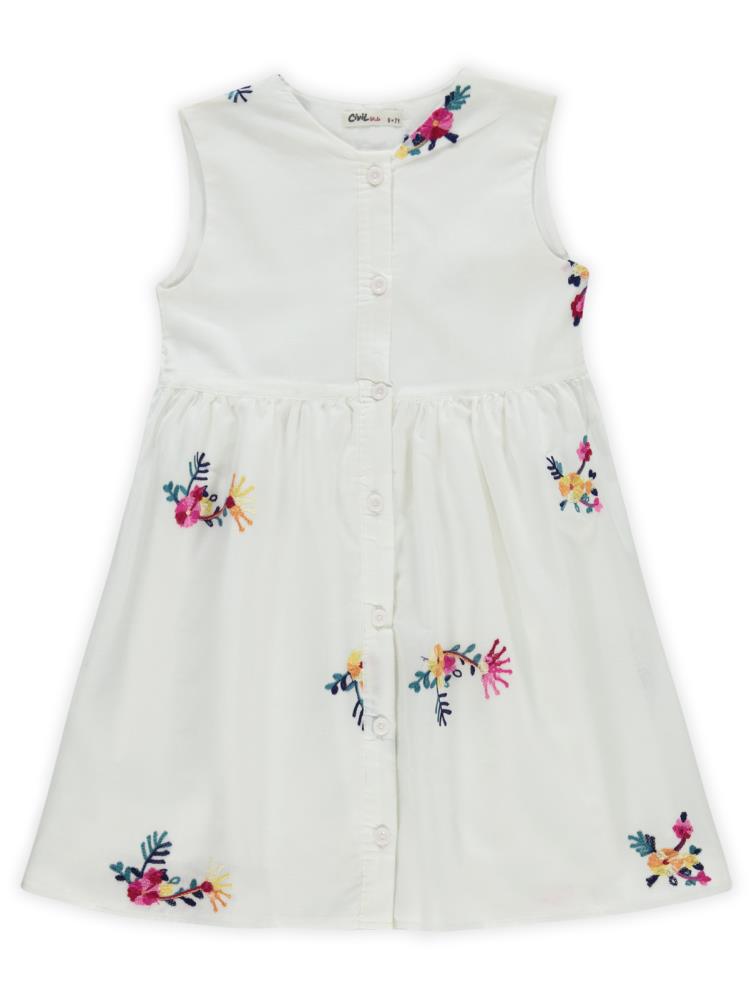 Civil Girls Renli Çiçek Nakışlı 6-9 Yaş Elbise - Ekru