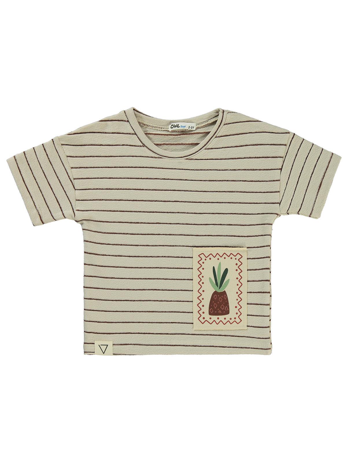 Civil Boys Çizgii Ananas Nakışlı 2-5 Yaş Tişört - Bej