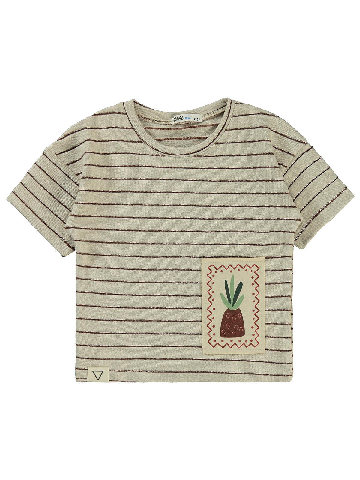Civil Boys Çizgii Ananas Nakışlı 2-5 Yaş Tişört - Bej