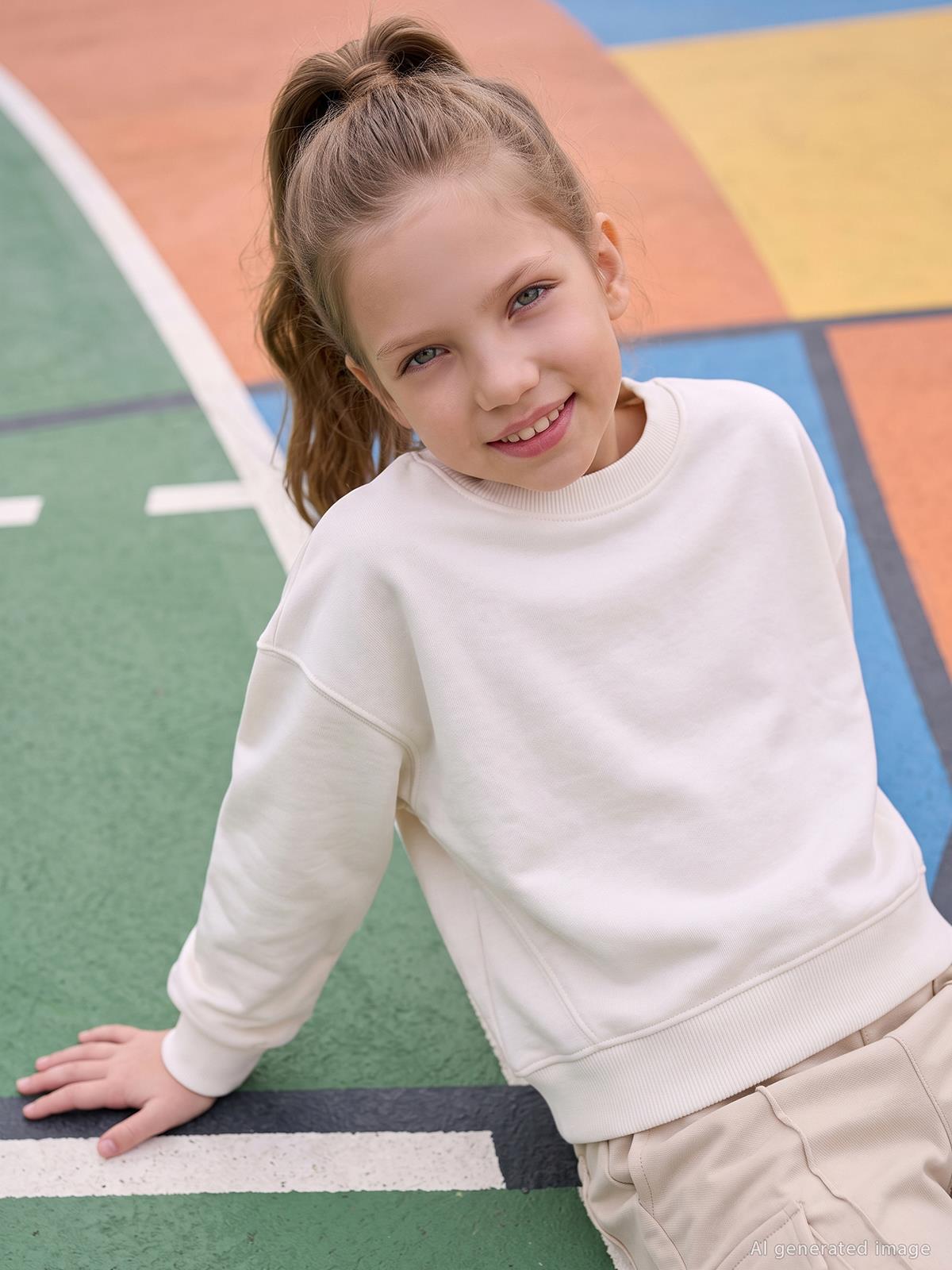 Civil Kız Çocuk Düz Sweatshirt | 3 İp Uzun Kol Bisiklet Yaka | Okul Kreş ve Günlük Kullanım - Ekru