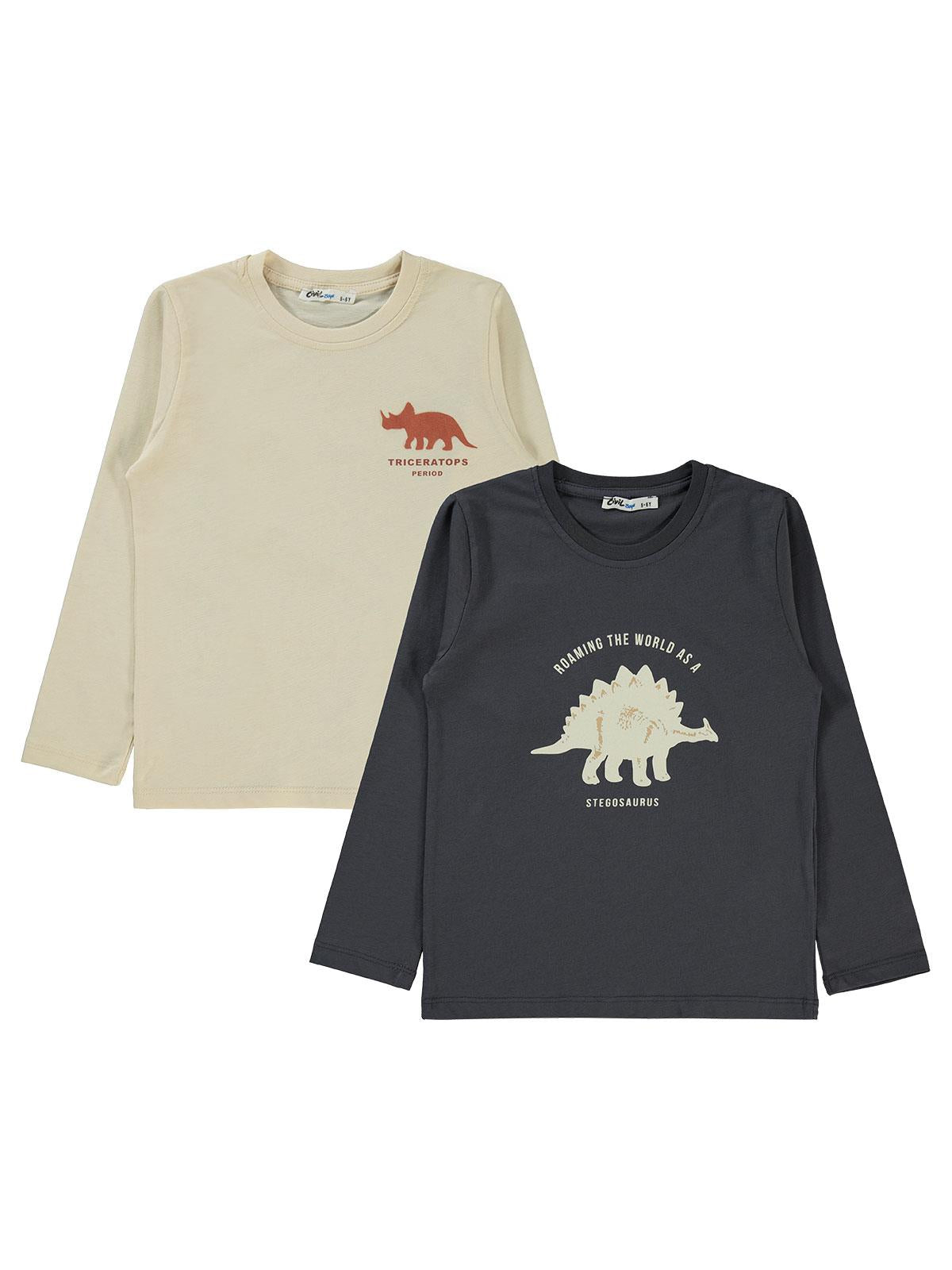 Civil Erkek Çocuk Dino Baskılı 2'li Sweatshirt | Süprem Uzun Kol | Okul Kreş ve Günlük Kullanım