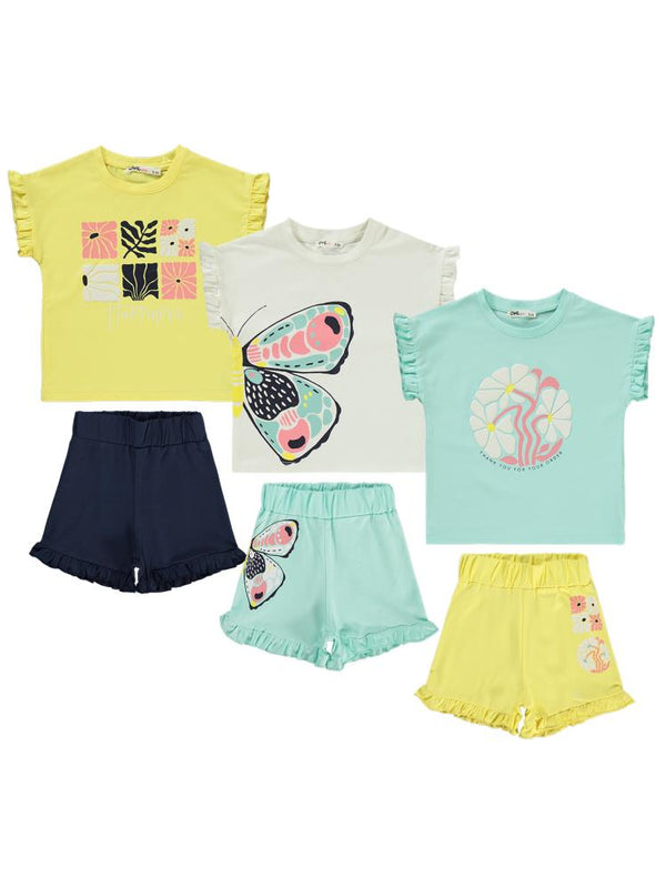 Civil Girls Kelebek Baskılı Kısa Kol 3'lü Set  2'li 2-5 Yaş Takım