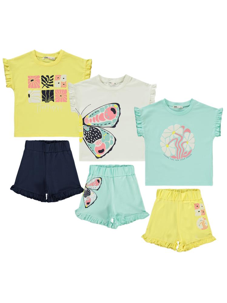 Civil Girls Kelebek Baskılı Kısa Kol 3'lü Set  2'li 2-5 Yaş Takım