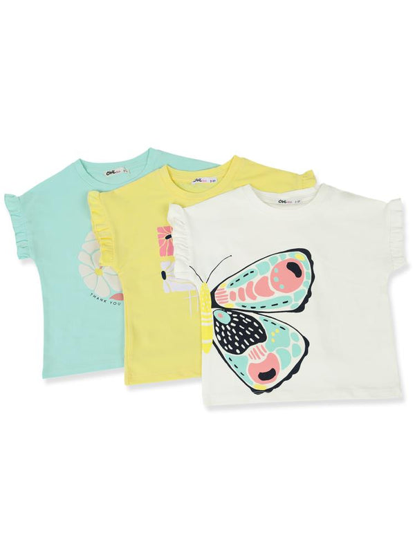 Civil Girls Kelebek Baskılı Kısa Kol 3'lü Set  2'li 2-5 Yaş Takım