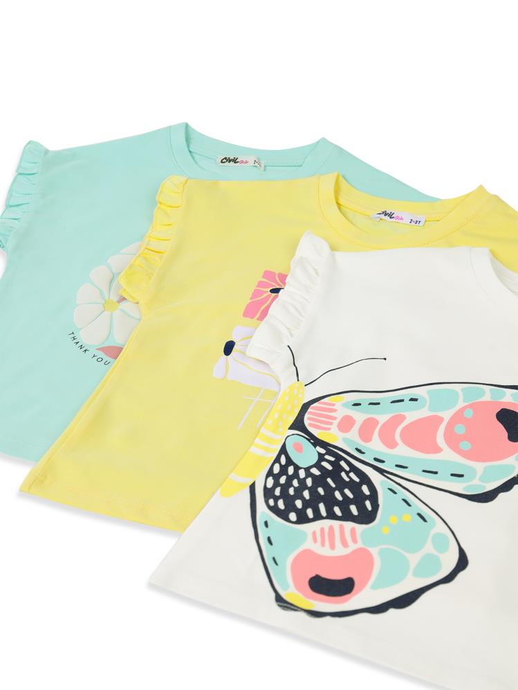 Civil Girls Kelebek Baskılı Kısa Kol 3'lü Set  2'li 2-5 Yaş Takım