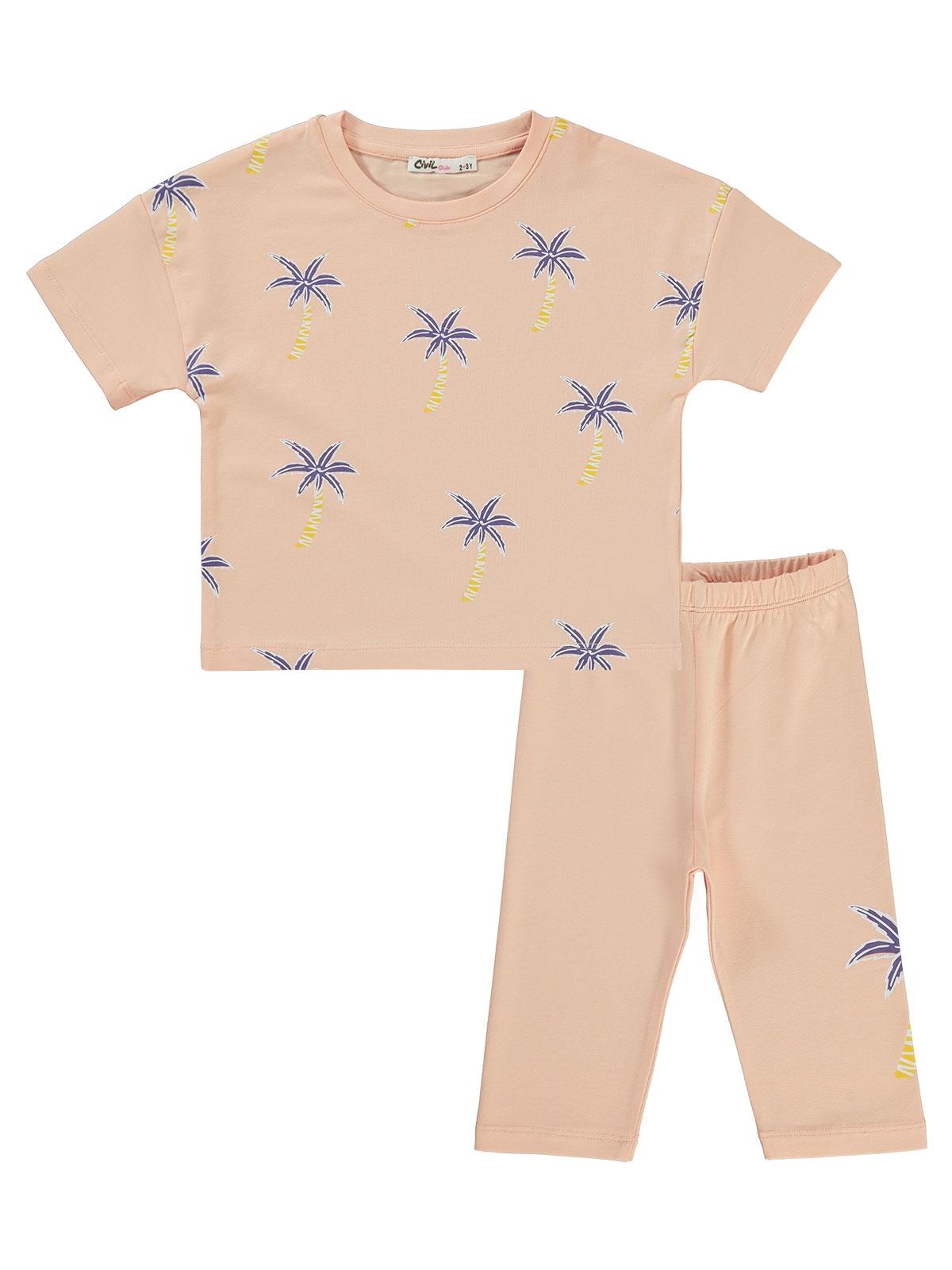 Civil Girls Palmiye  Baskılı Kısa Kol 3'lü Set 2'li 2-5 Yaş Takım
