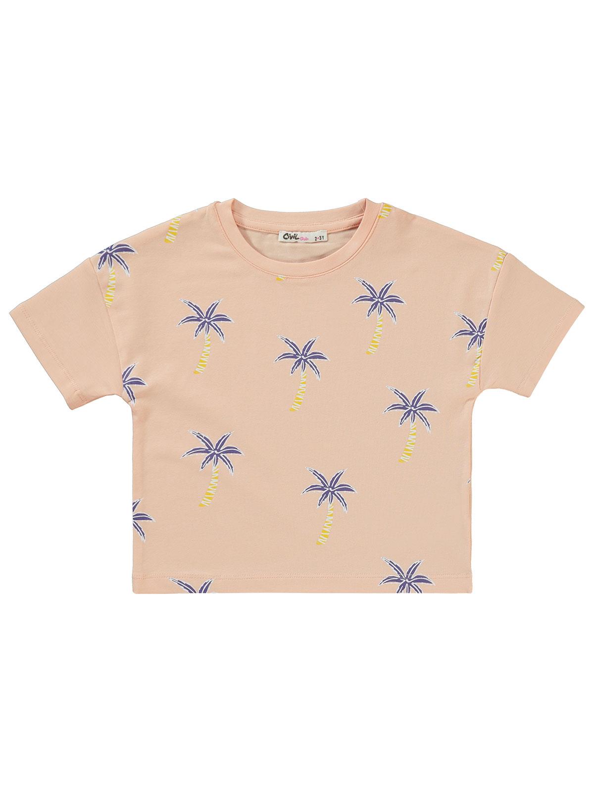 Civil Girls Palmiye  Baskılı Kısa Kol 3'lü Set 2'li 2-5 Yaş Takım