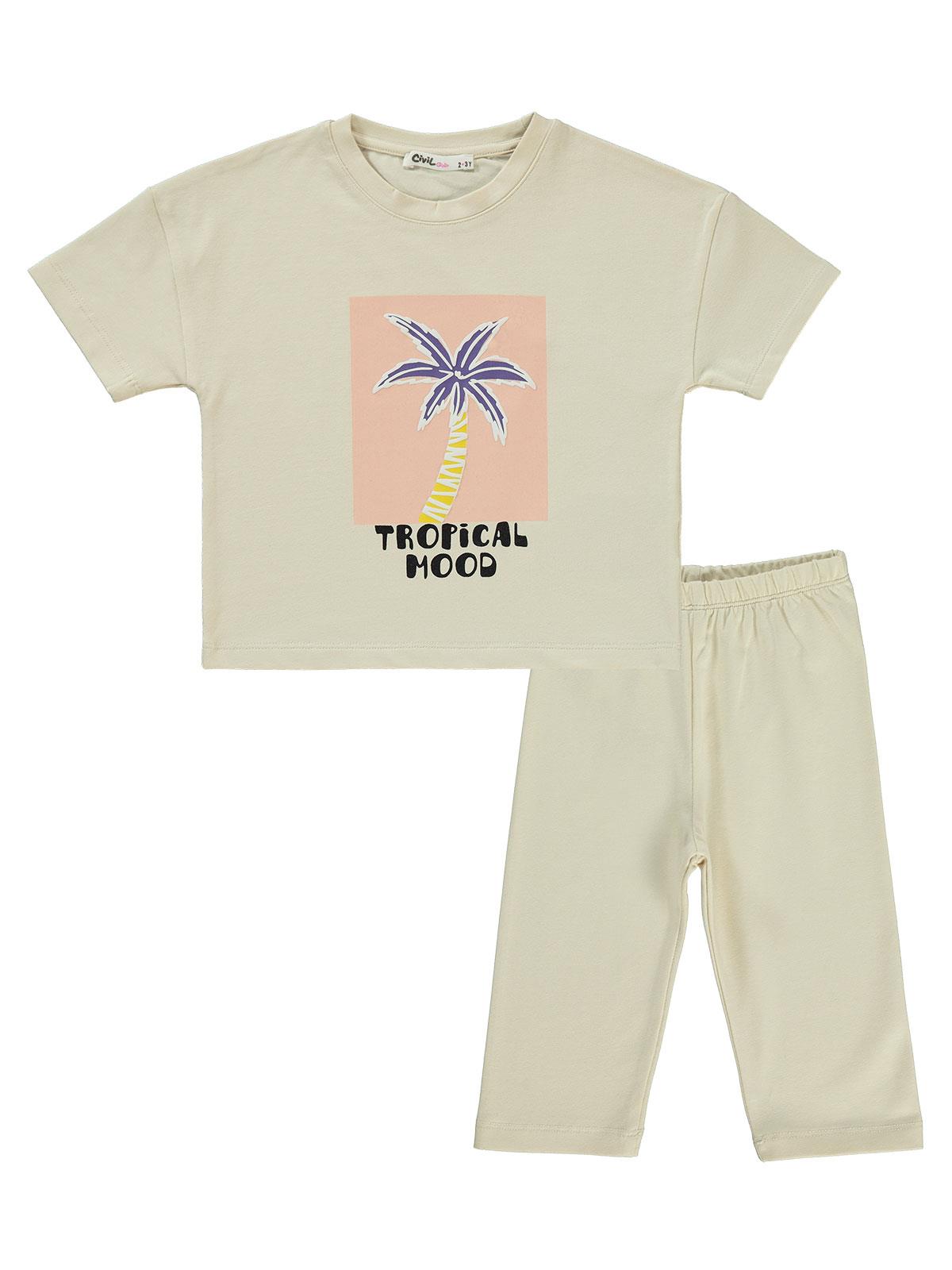 Civil Girls Palmiye  Baskılı Kısa Kol 3'lü Set 2'li 2-5 Yaş Takım
