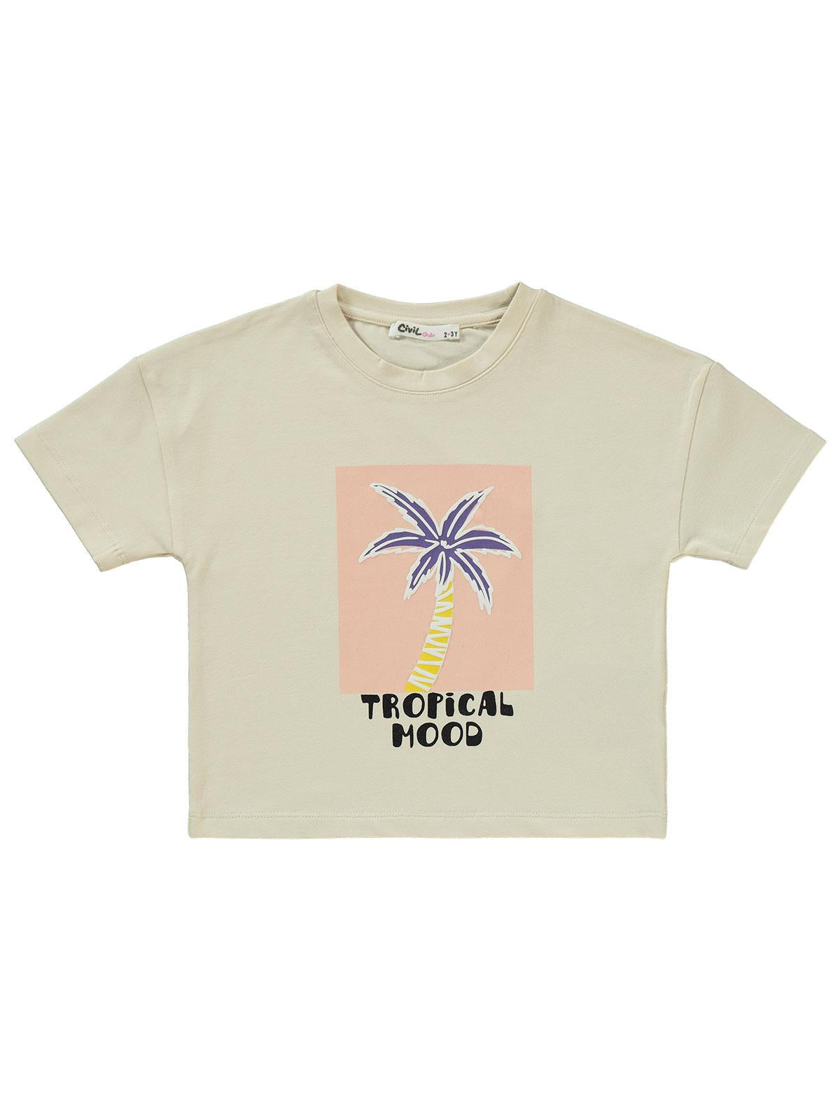 Civil Girls Palmiye  Baskılı Kısa Kol 3'lü Set 2'li 2-5 Yaş Takım