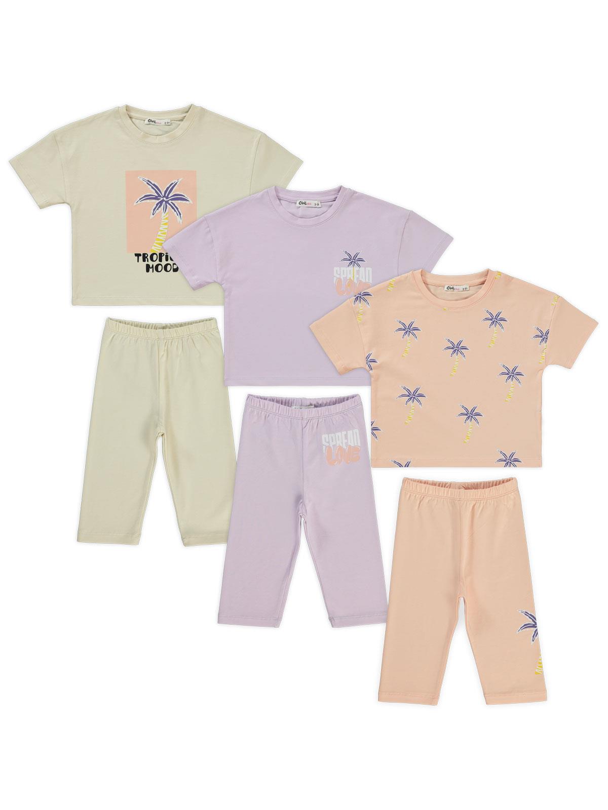 Civil Girls Palmiye  Baskılı Kısa Kol 3'lü Set 2'li 2-5 Yaş Takım