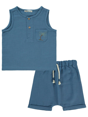 Civil Boys Cebi Palmiye Nakışlı Askılı 2-5 Yaş Takım - Mavi