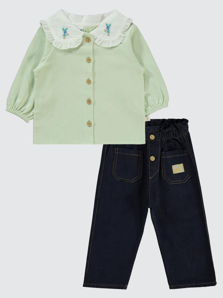 Baby Zz Dantel Yaka Detaylı Bluz Pantolon 6-18 Ay Takım - Yeşil