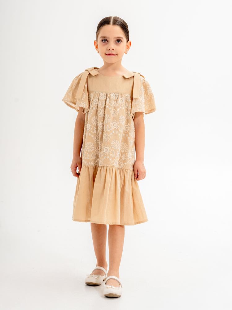 Cocoland Çiçek Desenli 6-9 Yaş Elbise - Bej