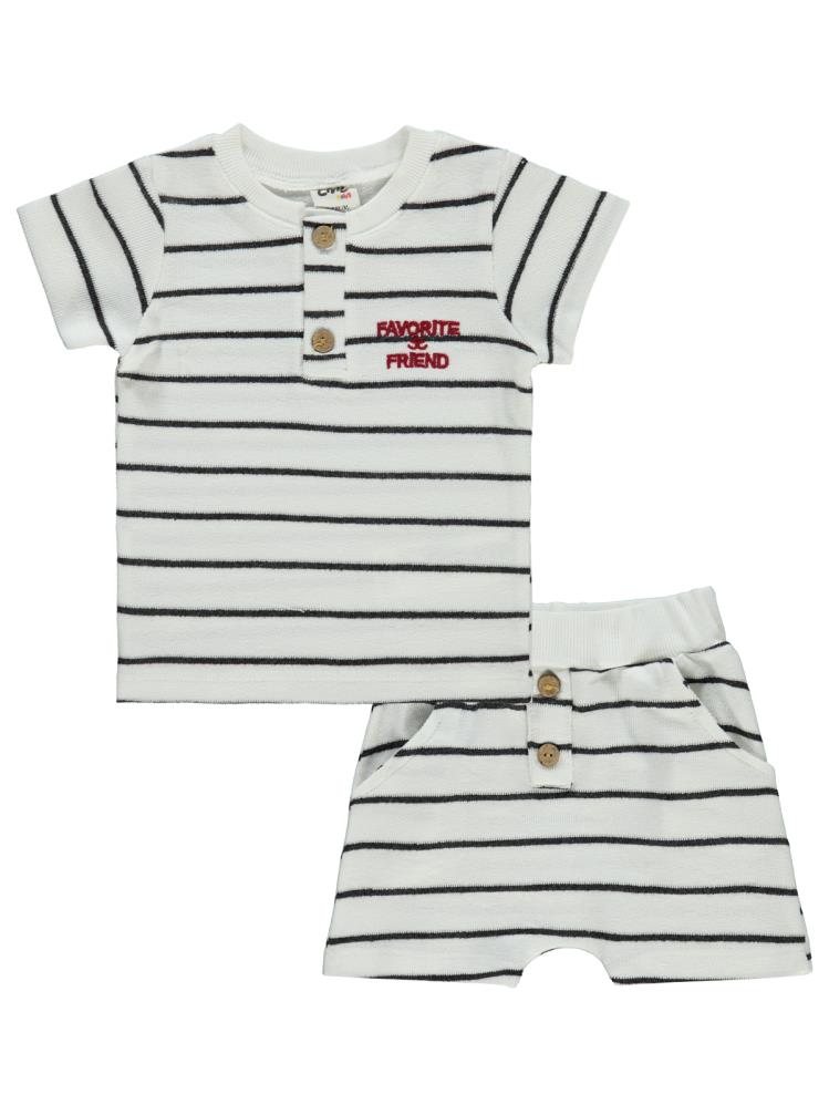 Civil Baby Selanik Çizgili Nakışlı 6-18 Ay Takım - Ekru
