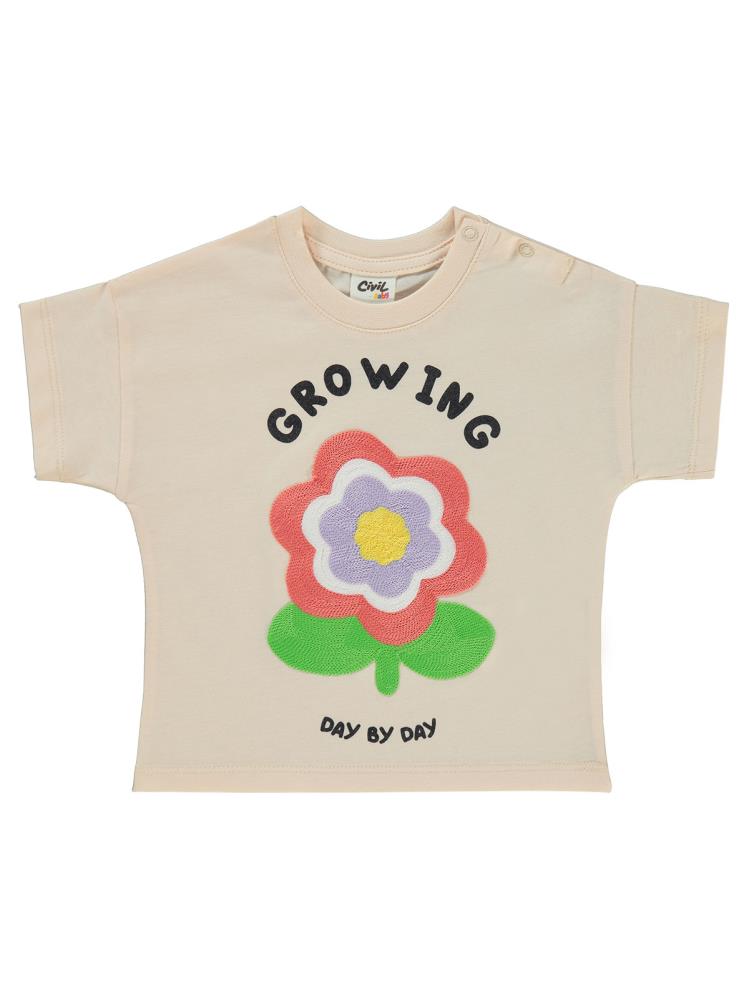 Civil Baby Çiçek Nakışlı 6-18 Ay Tişört - Pudra
