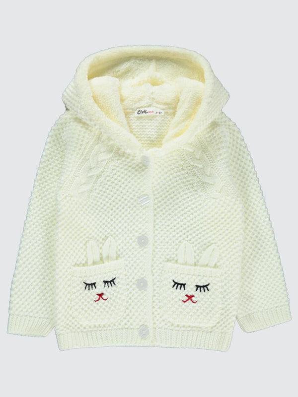 Civil Girls Cep Tavşan Nakışlı 2-5 Yaş Hırka - Ekru