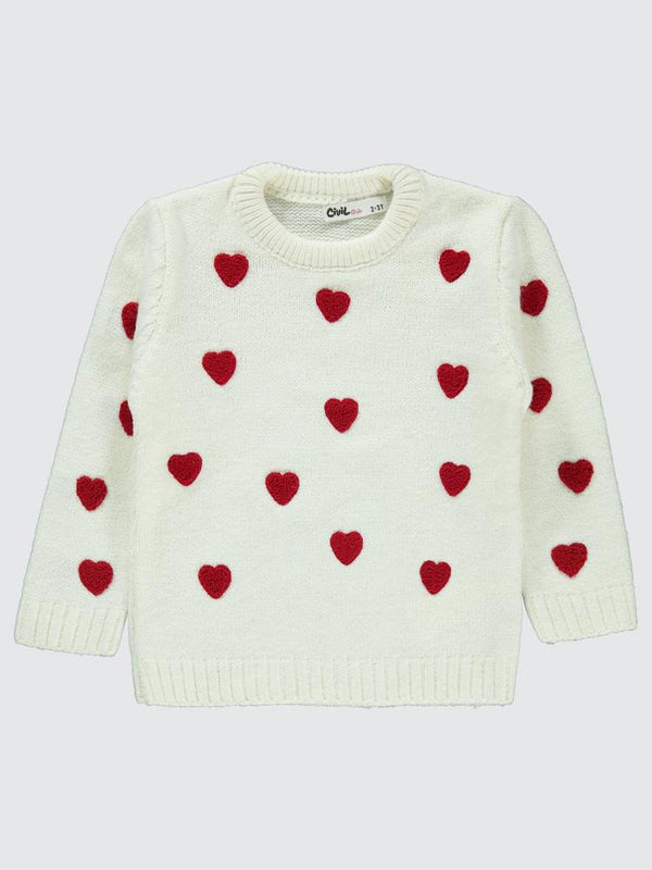 Civil Girls Süzene Kalp Nakışlı 2-5 Yaş Kazak - Ekru