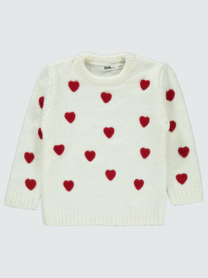 Civil Girls Süzene Kalp Nakışlı 2-5 Yaş Kazak - Ekru