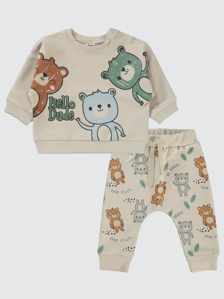 Civil Baby Hello Dude Ayıcık Baskılı 6-18 Ay Takım - Fil Dişi