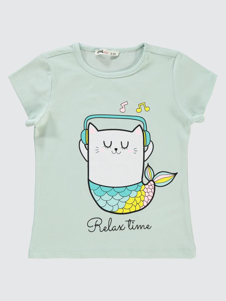 Civil Girls Kedi Baskılı 2-5 Yaş Tişört - Yeşil