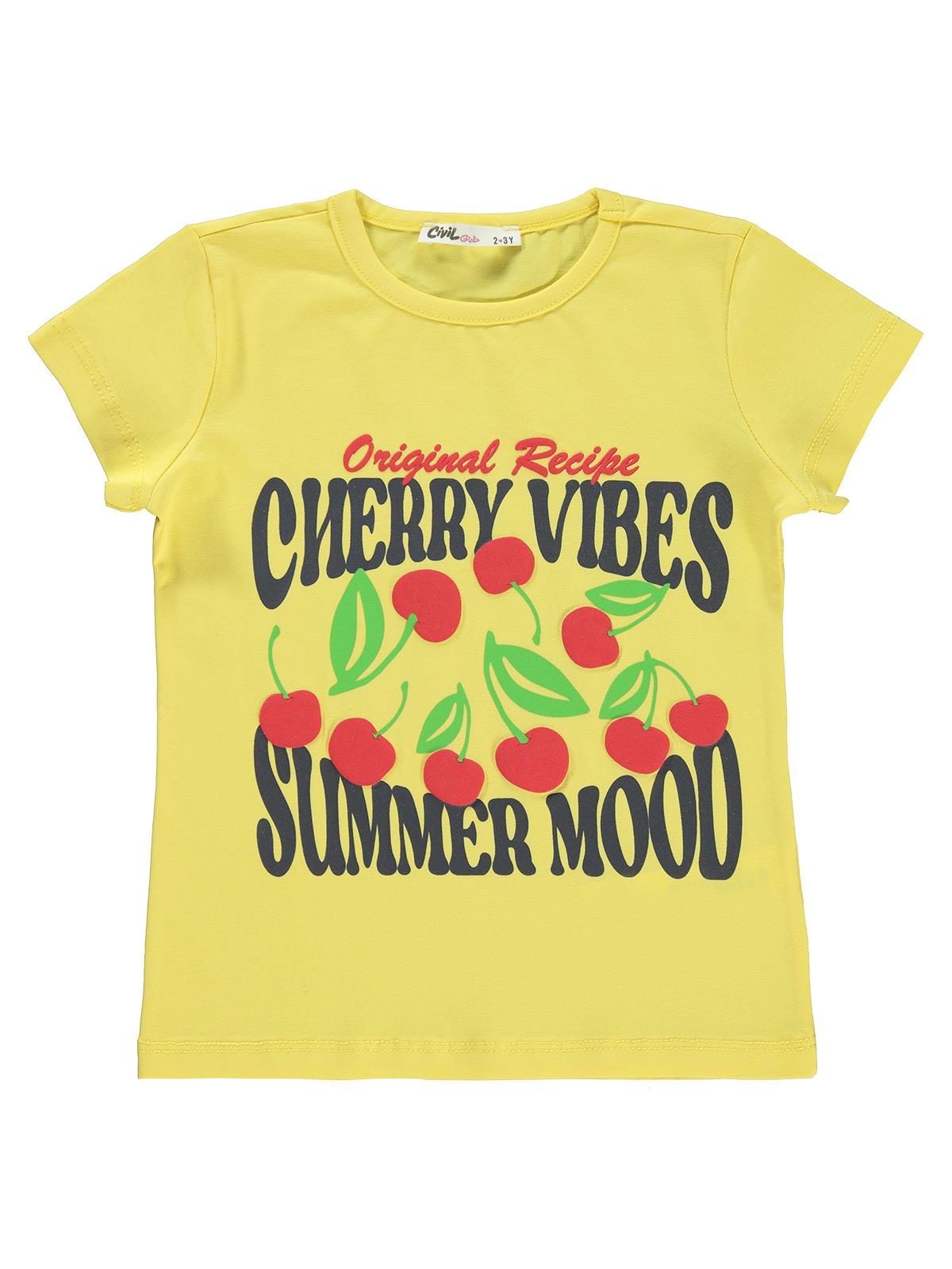 Civil Girls Cherry Baskılı 2-5 Yaş Tişört - Sarı
