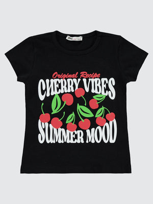 Civil Girls Cherry Baskılı 2-5 Yaş Tişört - Siyah